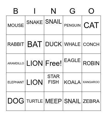 ANIMALS Bingo Card