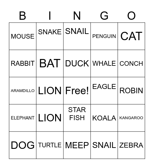 ANIMALS Bingo Card