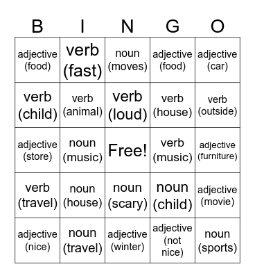 Parts of Speech Bingo Card