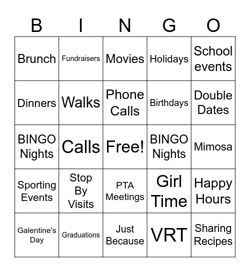 Girl Time Bingo Card