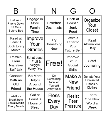 New Year's Resolution Bingo Card