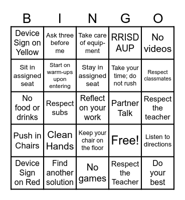 Computer Lab Rules Bingo Card