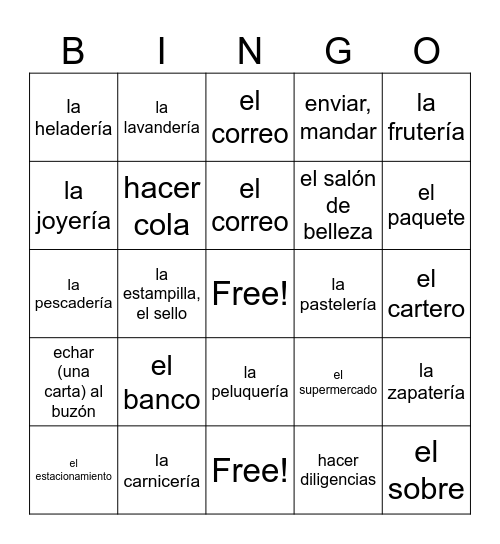 En la Ciudad and En el correo, X Millie Bingo Card