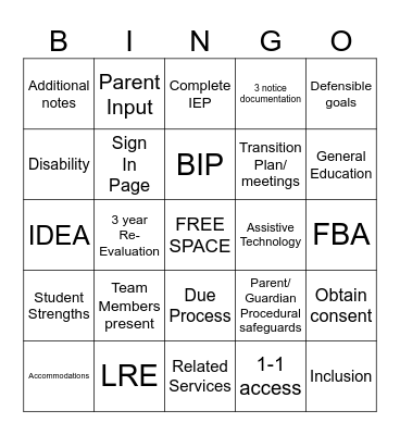 IEP Bingo Card