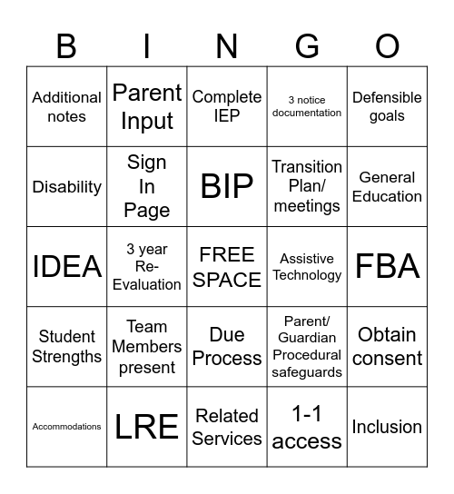 IEP Bingo Card