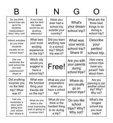 School Trip Questions Bingo Card