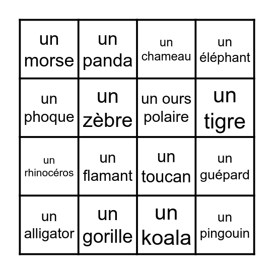LES ANIMAUX Bingo Card