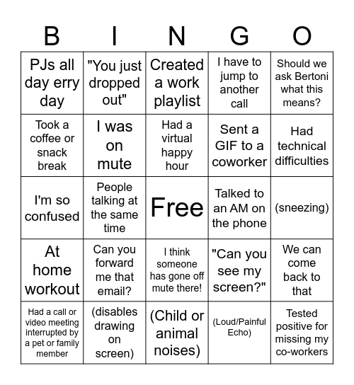 Work From Home Bingo Card