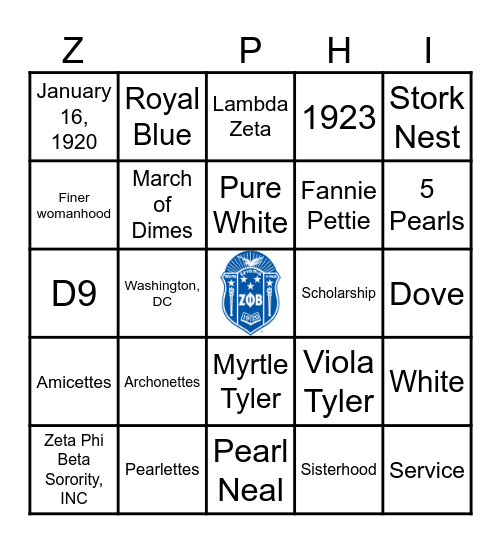 Zeta Bingo Card