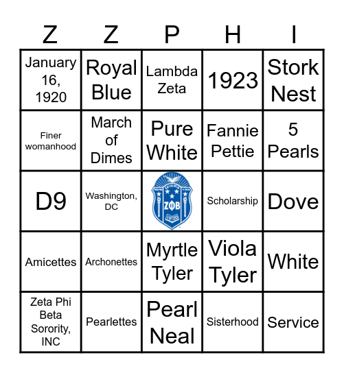 Zeta Bingo Card