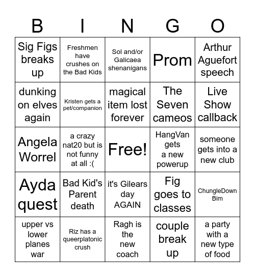 Fantasy High Junior Year Bingo Card