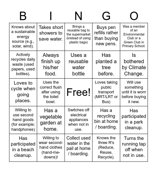 Human Bingo on Sustainability Bingo Card