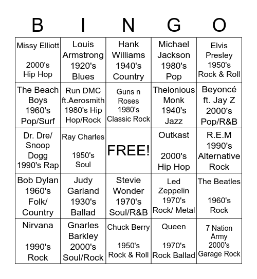 Contemporary Music Bingo Card