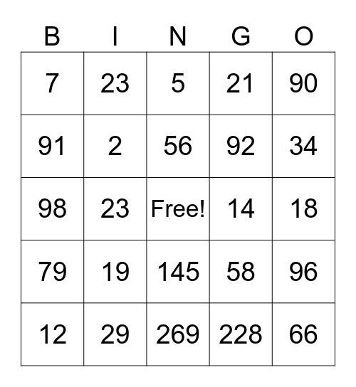 Long Division Bingo Card