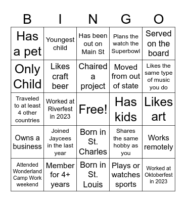 Jaycee Member Bingo Card