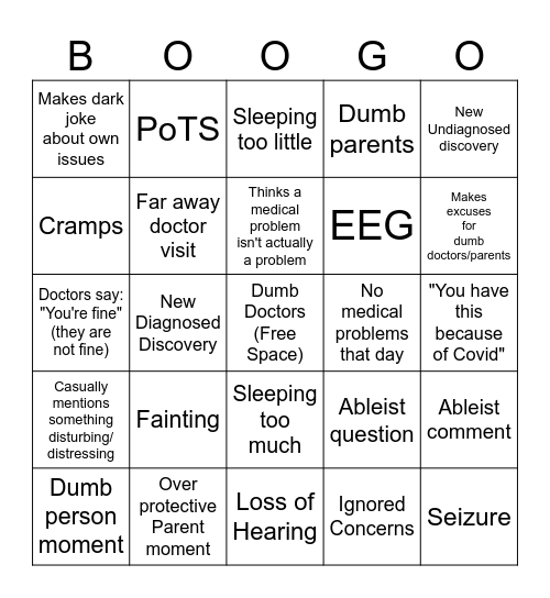 Boo Medical Issues Bingo Card