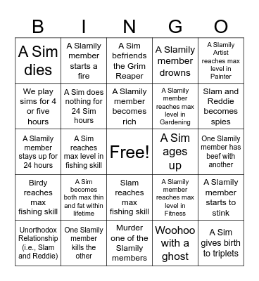 Sims Bingo Card