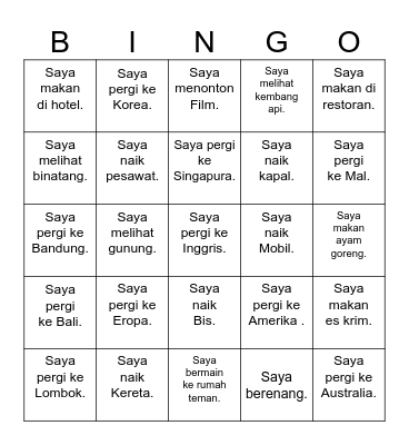 LIBURAN ! (find your classmates that match with the statement in each square. write their name inside the square. Then say BINGO if you get 5 names in a row). Bingo Card