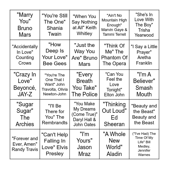 Love Song Bingo Card