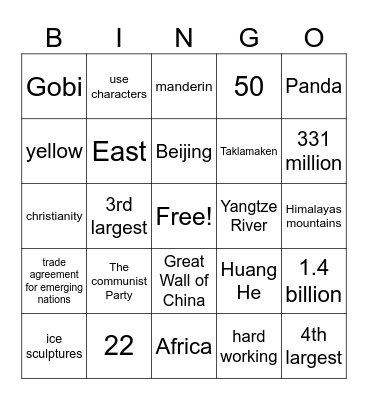 China! Bingo Card