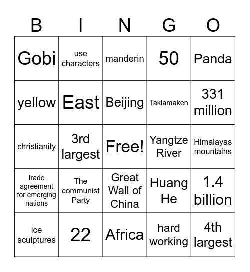 China! Bingo Card