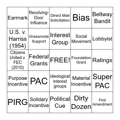 Interest Groups Bingo Card