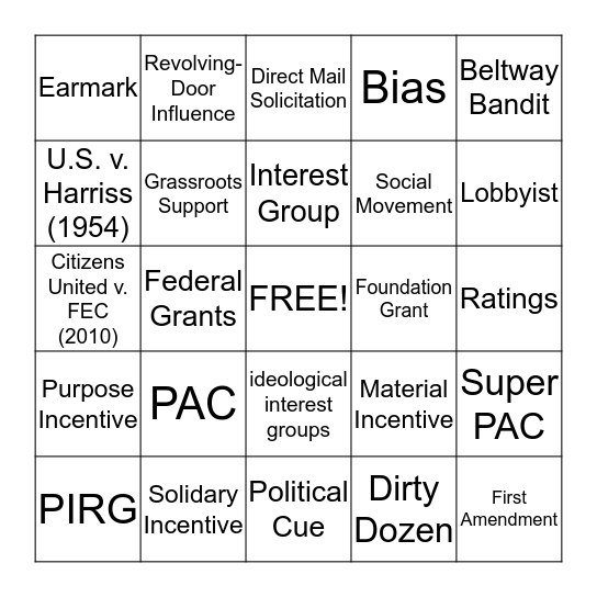 Interest Groups Bingo Card