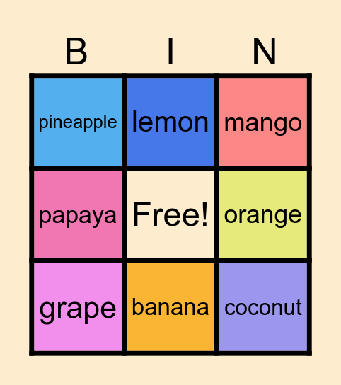 Bingo Fruit Bingo Card