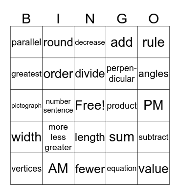 Math Vocabulary Bingo Card