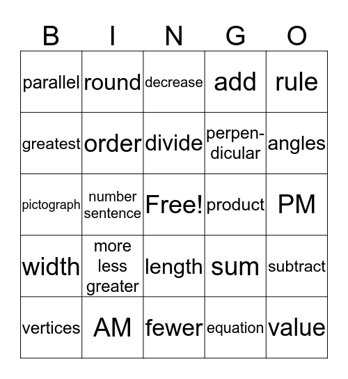 Math Vocabulary Bingo Card