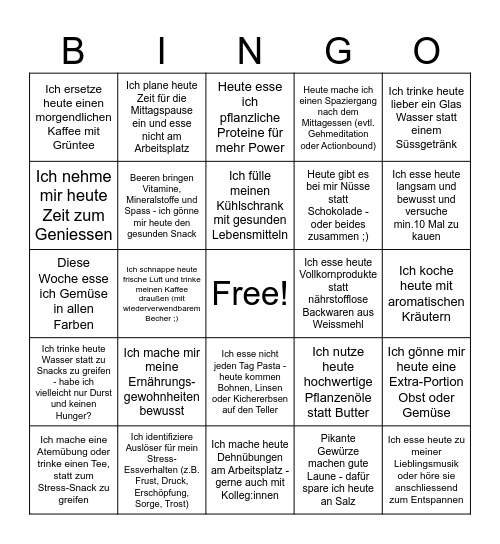 Gesunder Lebensstil - Stress und Ernährung Bingo Card