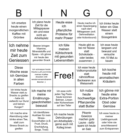 Gesunder Lebensstil                                     Stress und Ernährung Bingo Card