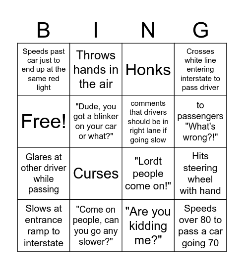 Driving with Dad Bingo Card