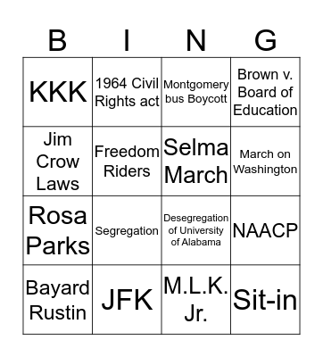 Civil Rights Bingo Card