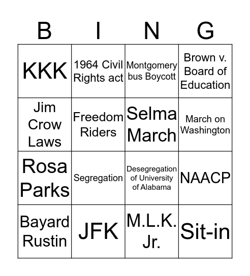 Civil Rights Bingo Card