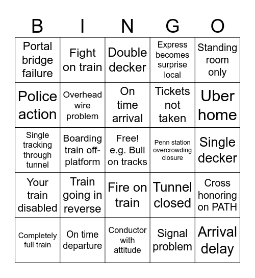 NJTransit Bingo Card