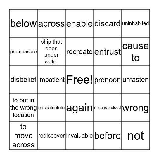 More Prefix BINGO Card