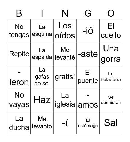 Español 2- Repaso para el Midterm Bingo Card