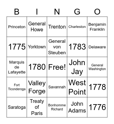 Revolution! Bingo Card