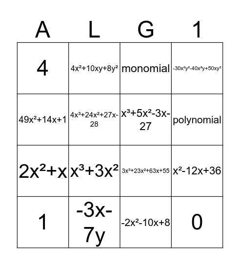 Polynomial BINGO Card