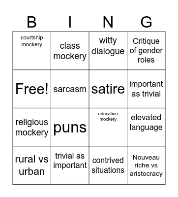 Comedy of Manners Bingo Card