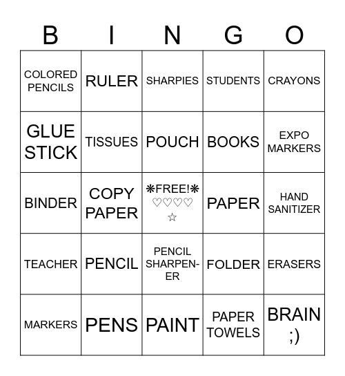 SCHOOL Bingo Card