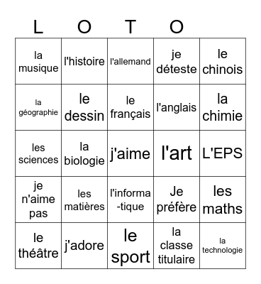 Les matières Bingo Card