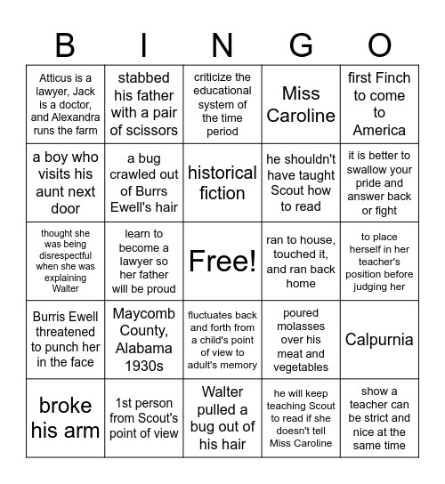 To Kill a Mockingbird Chapters 1-3 Bingo Card