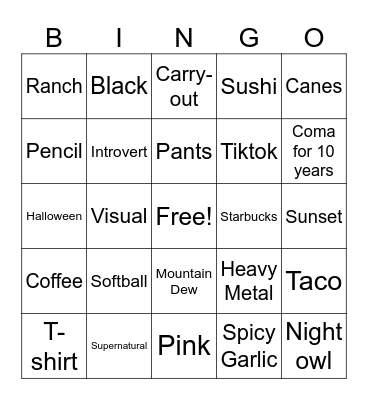 Aubree Bingo Card