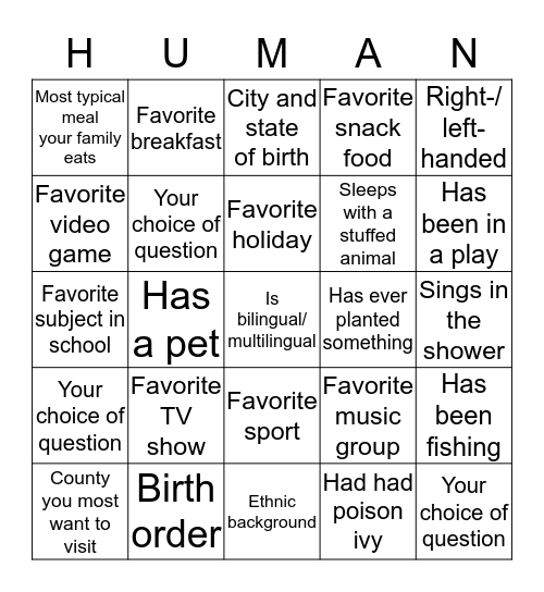 Getting-to-know-you Bingo Card