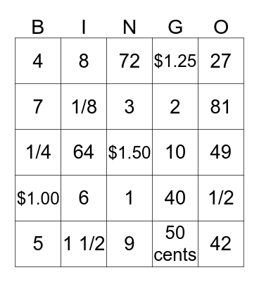 Math Bingo (division, multiplication, fractions & money) Bingo Card