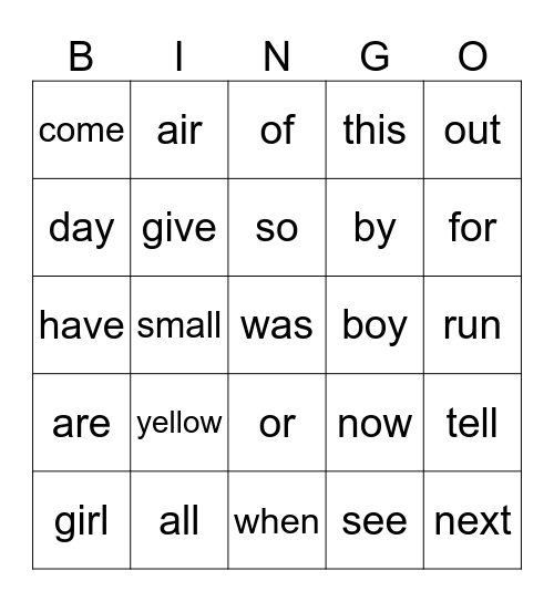 Module 2 1st Grade HFW Bingo Card