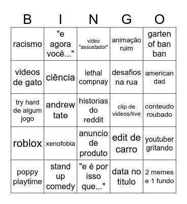 youtube shorts Bingo Card