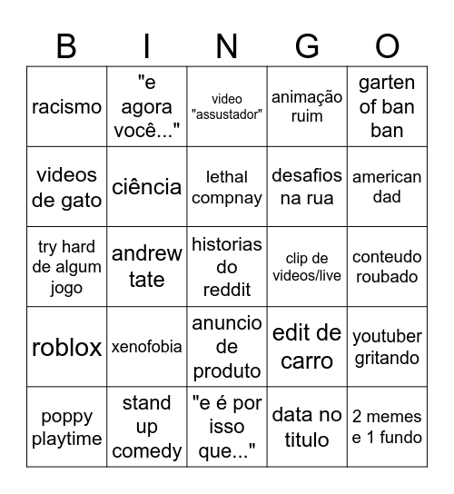 youtube shorts Bingo Card